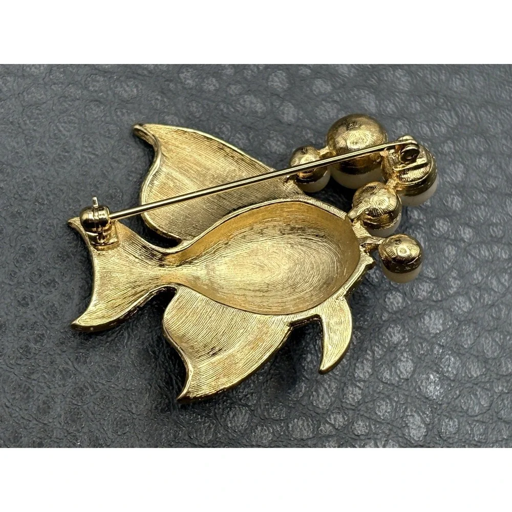 Vintage Fish Brooch Faux Pearl Bubbles Modernist Gold Tone Statement